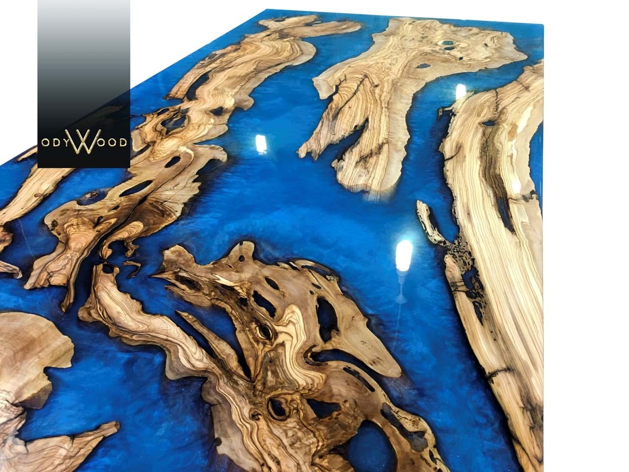 Metalik Mavi Epoksi Masa - Zeytin Ağacı resmi